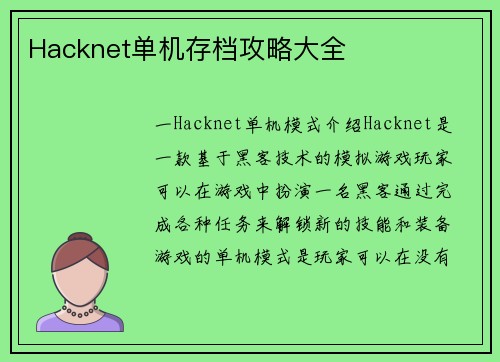 Hacknet单机存档攻略大全