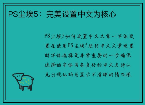 PS尘埃5：完美设置中文为核心